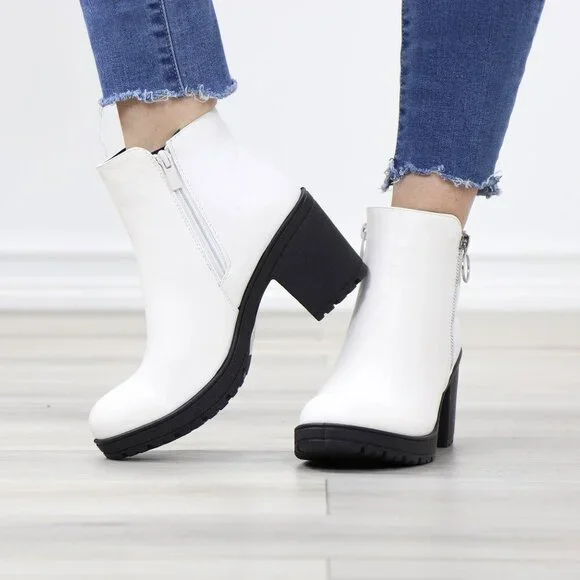 White Ankle Boots Chunky Lug Block Heel Synthetic Leather Round Toe - Picture 11 of 12